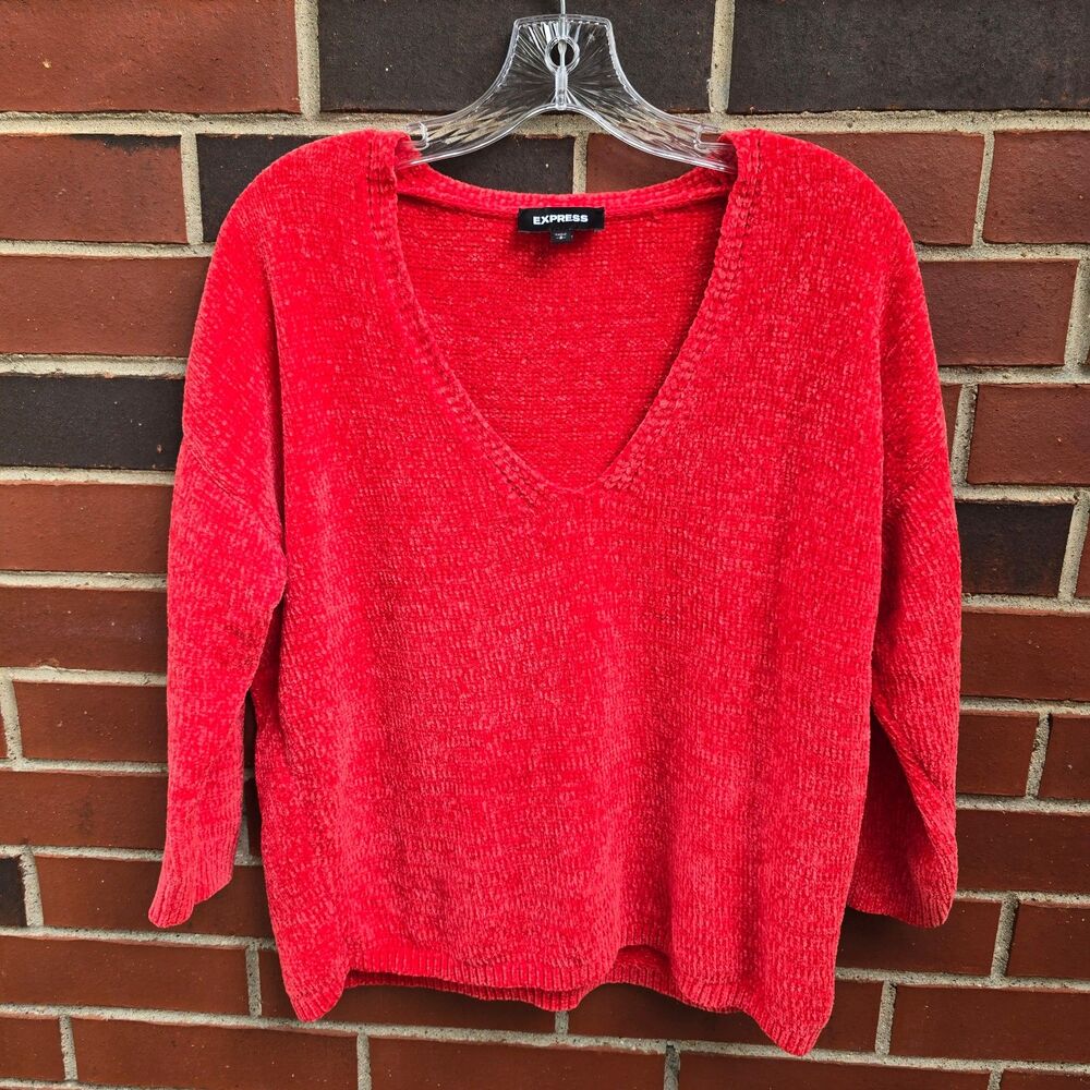 Express Women's Small Red Chenille Plush Fuzzy Sweater